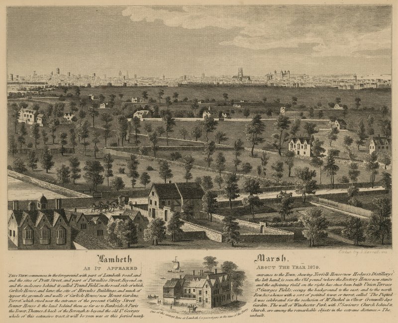 Lambeth Marsh zoals het eruitzag rond het jaar 1670 door English School