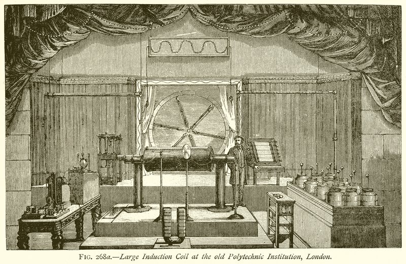Grote inductiespoel bij de oude Polytechnische Instelling, Londen door English School