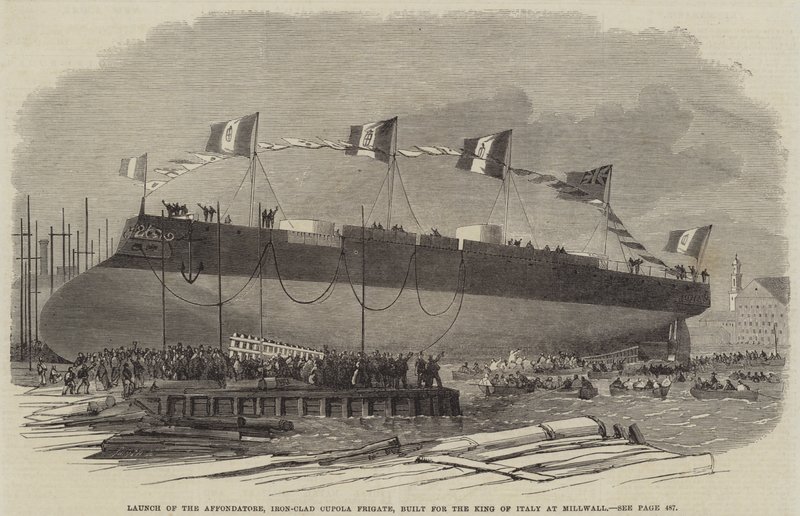 Lancering van de Affondatore, ijzeren koepel fregat, gebouwd voor de koning van Italië in Millwall, 1865 door English School