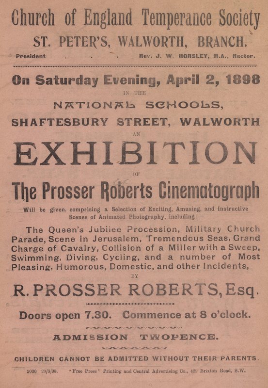 Folder die een tentoonstelling van de Prosser Roberts Cinematograph adverteert door English School