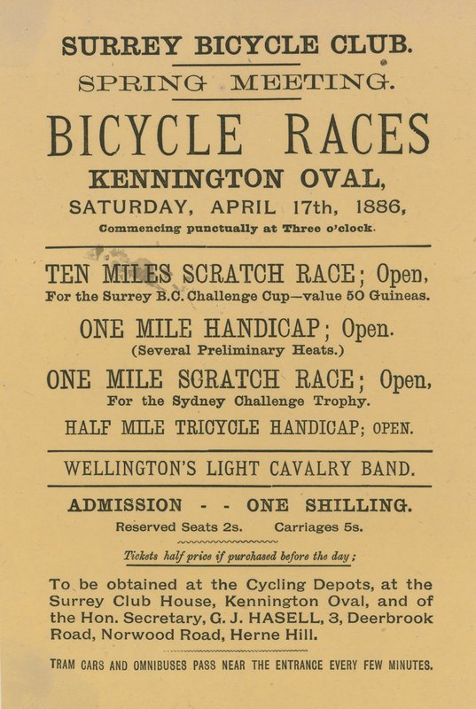 Folder die fietswedstrijden bij Kennington Oval, 17 april 1886 adverteert door English School