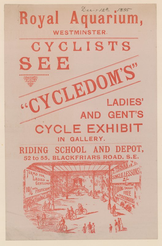 Folder die de Cycledoms Ladies and Gents Cycle Exhibit bij het Royal Aquarium adverteert door English School