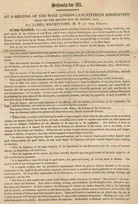 Folder die een resolutie van de West London Lancasterian Association uitlegt om in augustus 1813 onderwijs aan kinderen te beginnen geven door English School