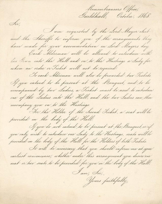 Brief met details over de regelingen voor een banket in de Guildhall, Londen, op 9 november 1868 door English School