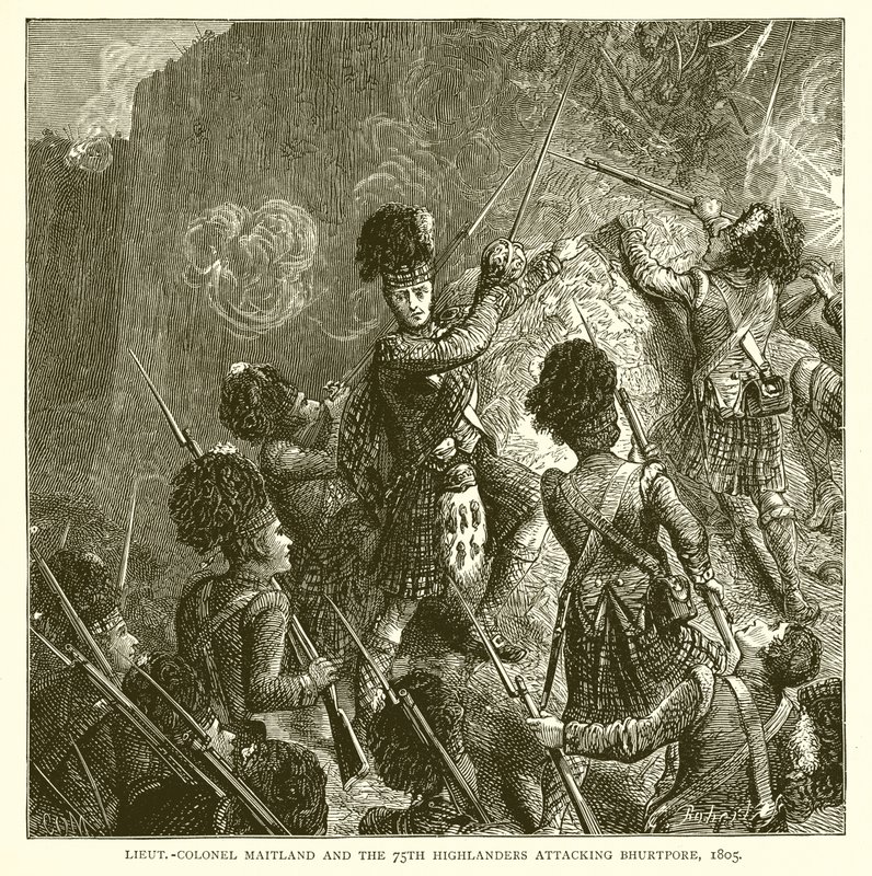 Luitenant-kolonel Maitland en de 75e Highlanders vallen Bhurtpore aan, 1805 door English School