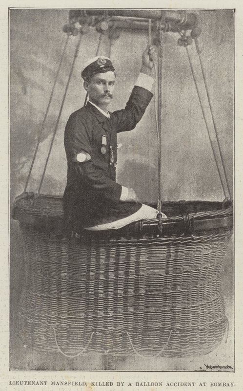 Luitenant Mansfield, gedood door een ballonongeluk in Bombay (gravure) door English School