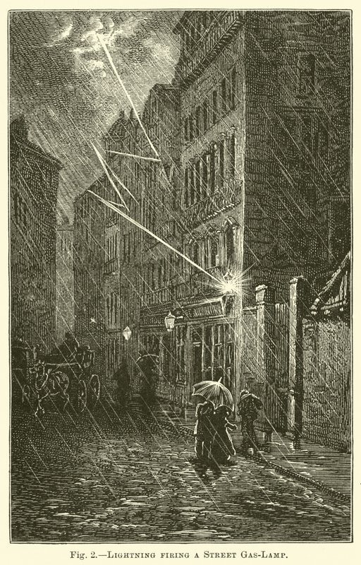 Bliksem die een straatgaslamp aansteekt door English School