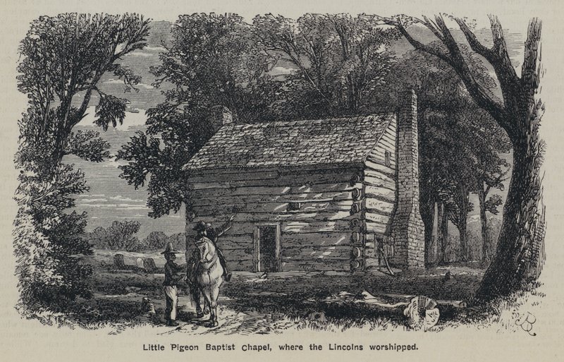 Little Pigeon Baptist Chapel, waar de Lincolns aanbaden (gravure) door English School