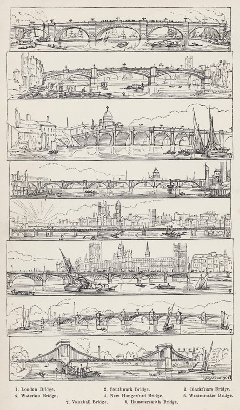 Londen Brug, Southwark Brug, Blackfriars Brug, Waterloo Brug, Nieuwe Hungerford Brug, Westminster Brug, Vauxhall Brug, Hammersmith Brug (gravure) door English School