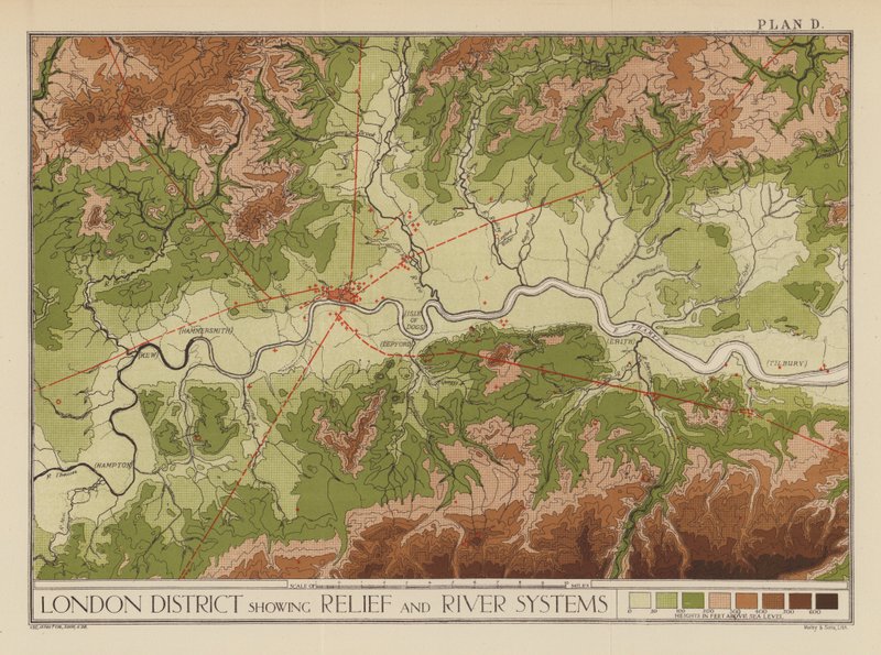 Londens district met reliëf- en riviersystemen (kleur litho) door English School
