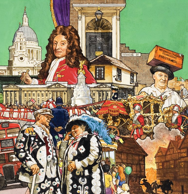 Londen Montage (gouache op papier) door English School