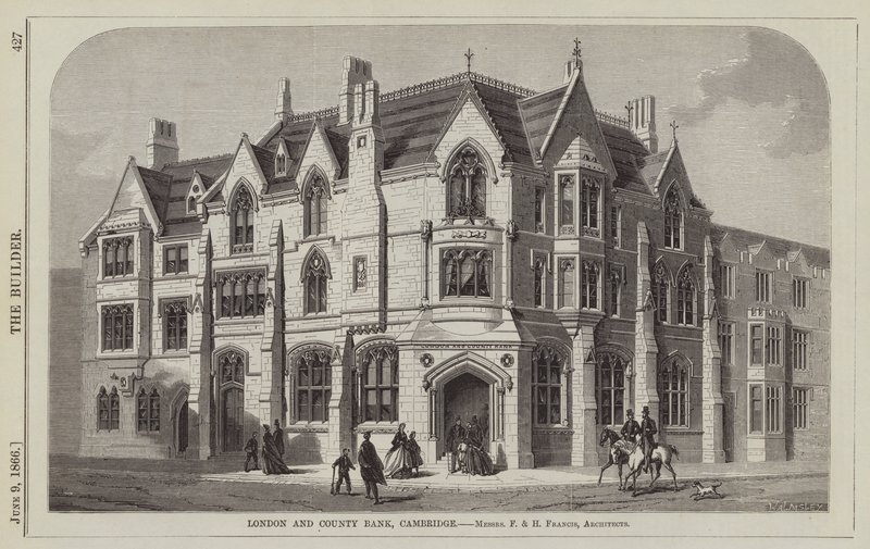 London and County Bank, Cambridge, Messrs F en H Francis, Architecten (gravure) door English School