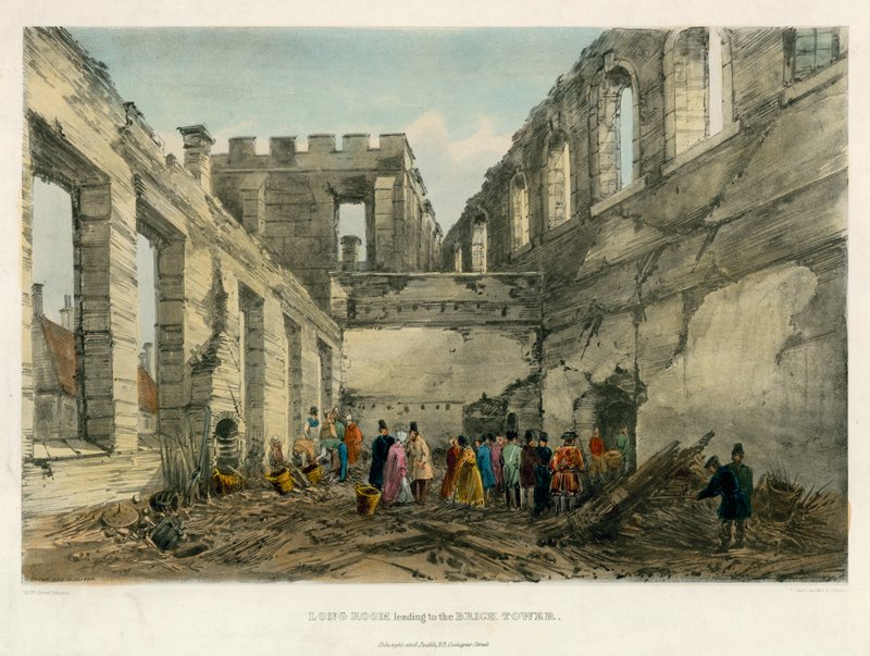Lange Kamer leidend naar de Brick Tower, Brand in de Tower of London, 1841 door English School