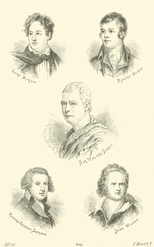 Lord Byron, Robert Burns, Sir Walter Scott, Richard Brinsley Sheridan, John Wilson door English School