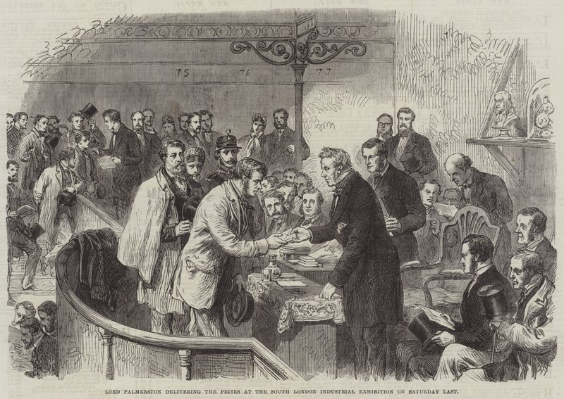 Lord Palmerston reikt de Prijzen uit op de South London Industrial Exhibition afgelopen zaterdag door English School