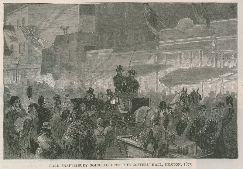 Lord Shaftesbury opent de Costers Hall, Hoxton, Londen, 1875 door English School