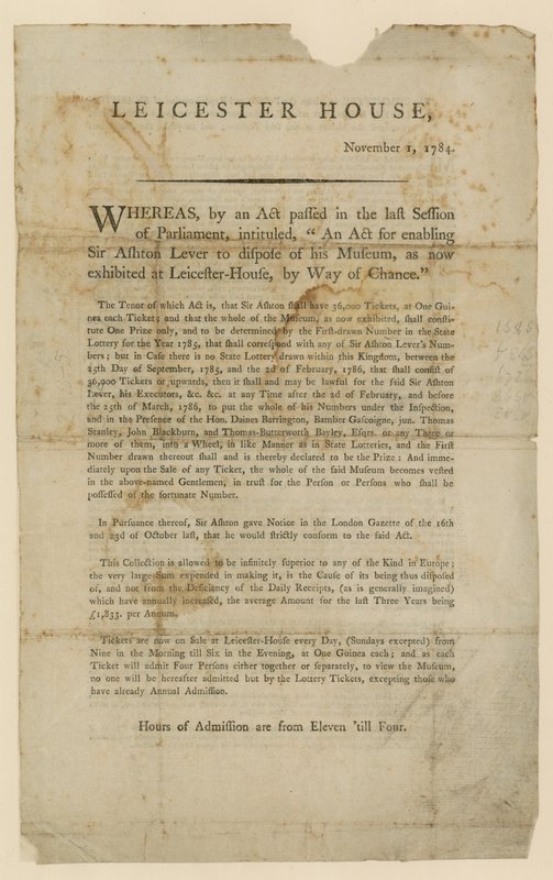 Loterij voor de verkoop van Sir Ashton Levers Museum, 1784 door English School
