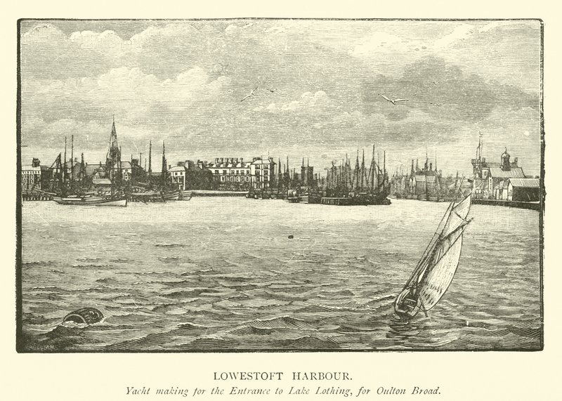 Lowestoft Haven. Jacht op weg naar de Ingang van Lake Lothing, voor Oulton Broad door English School