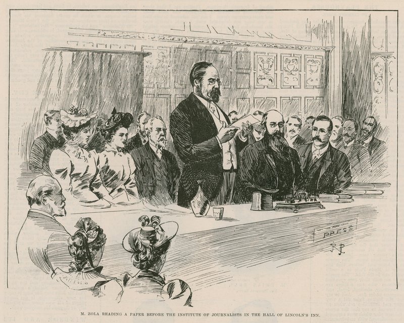 M Emile Zola leest een krant voor het Instituut van Journalisten in de hal van Lincolns Inn, Londen door English School