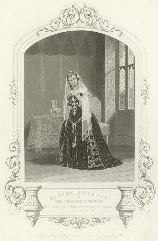 Madame Celeste als Prinses Katherine in Hendrik V, Act V, scène II door English School