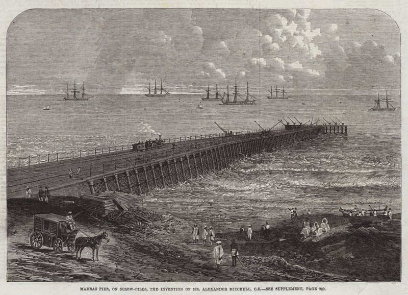 Madras Pier, op Schroefpalen, de Uitvinding van Mr Alexander Mitchell, CE (gravure) door English School