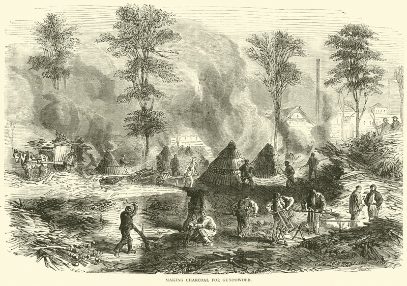 Houtskool maken voor buskruit, oktober 1870 door English School