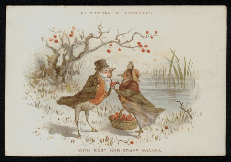 Mannelijke en vrouwelijke roodborstjes in kostuum. Kerstkaart. door English School