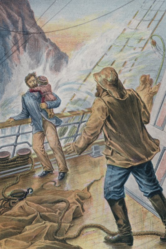 Man die een kind draagt en zich vasthoudt aan de reling van een schip in een storm door English School