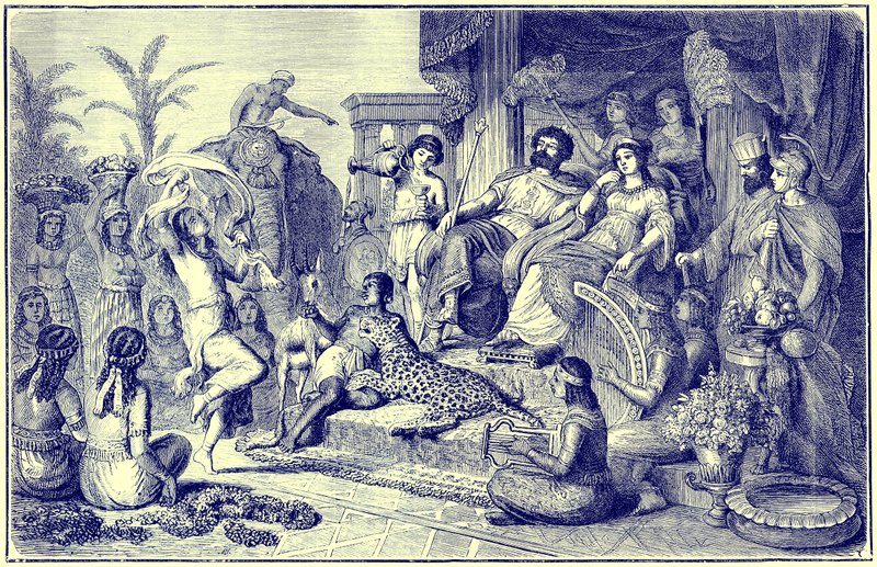 Zeden en gewoonten van het latere Griekenland - een feestelijk huishouden, illustratie uit The Illustrated History of the World, gepubliceerd ca. 1880 door English School