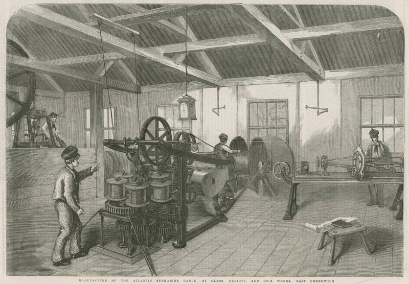 Fabricage van de Atlantische onderzeese kabel bij Glass Elliott en Co.