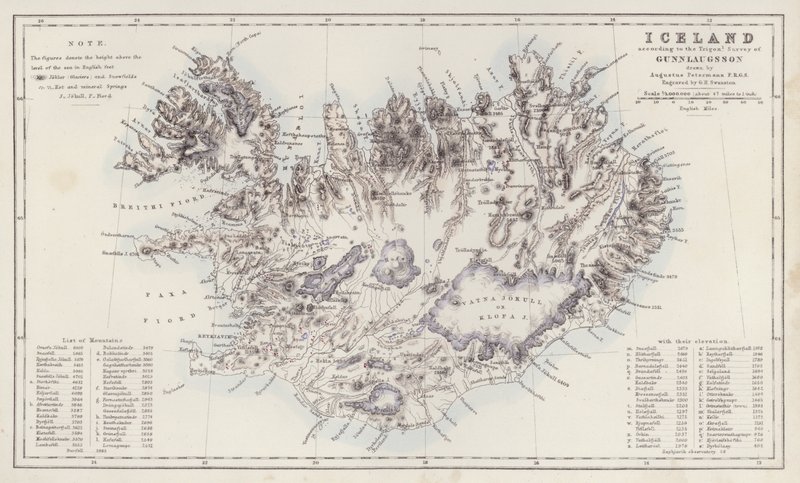 Kaart: IJsland, volgens de Trigon Survey van Gunnlaugsson getekend door Augustus Petermann door English School