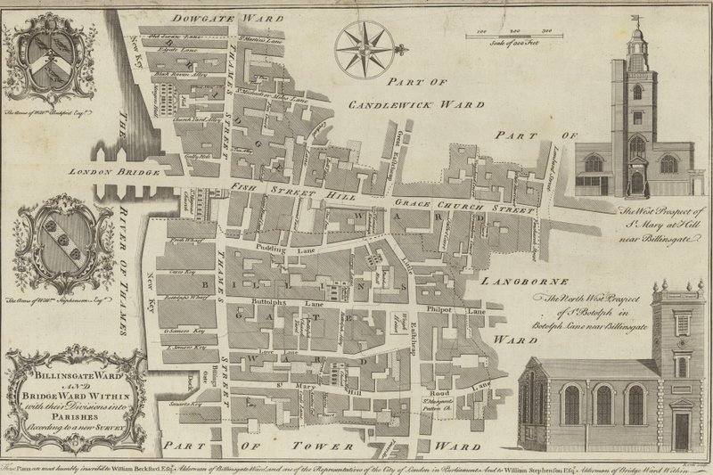 Kaart van Billingsgate en Bridge wards, Londen door English School