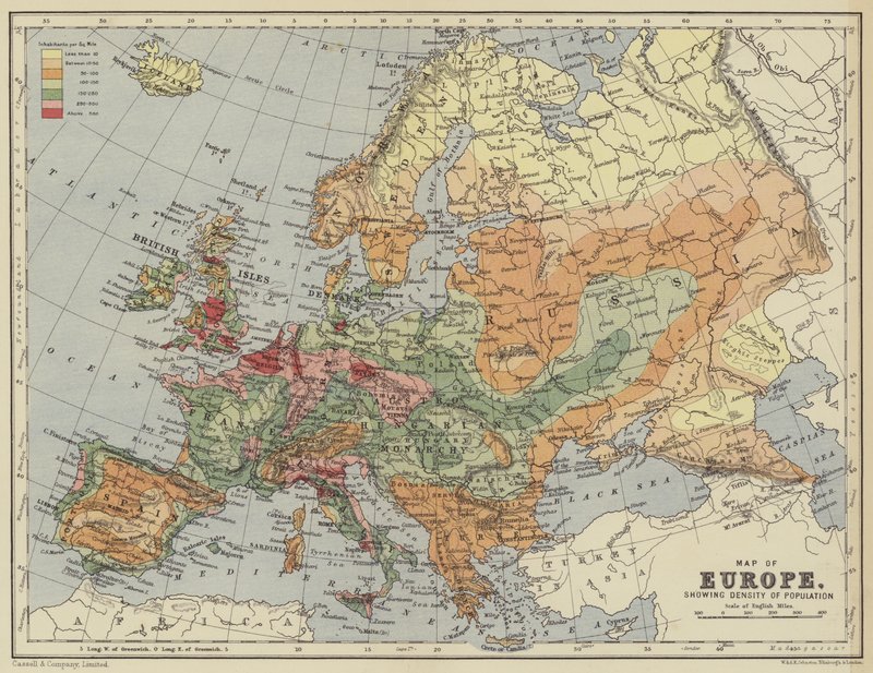 Kaart van Europa, met bevolkingsdichtheid door English School
