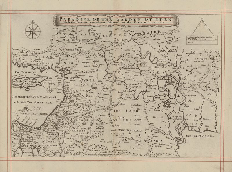Kaart van het Paradijs of de Hof van Eden en de landen bewoond door de Patriarchen door English School