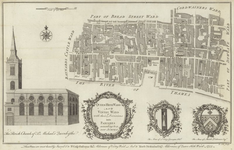 Kaart van Queenhithe en Vintry wijken, Londen door English School
