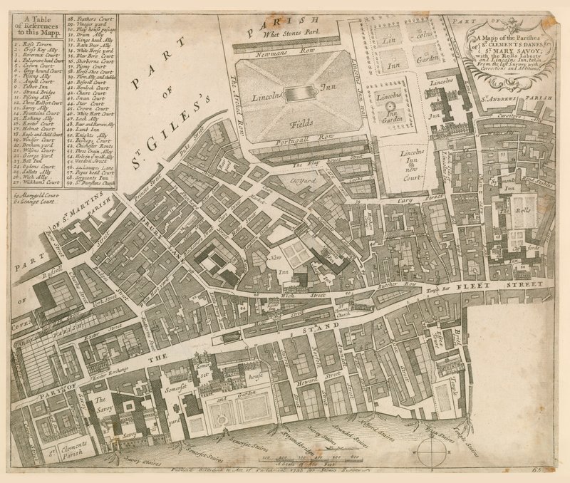 Kaart van St Clements Danes en St Mary Savoy, Londen, met de Rolls Liberty en Lincolns Inn door English School