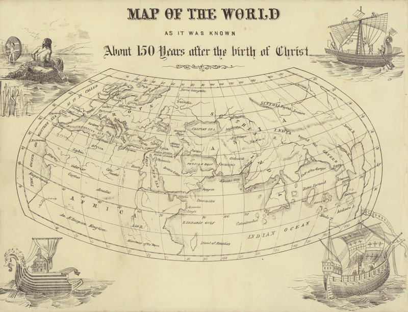 Kaart van de wereld zoals die ongeveer 150 jaar na de geboorte van Christus bekend was door English School