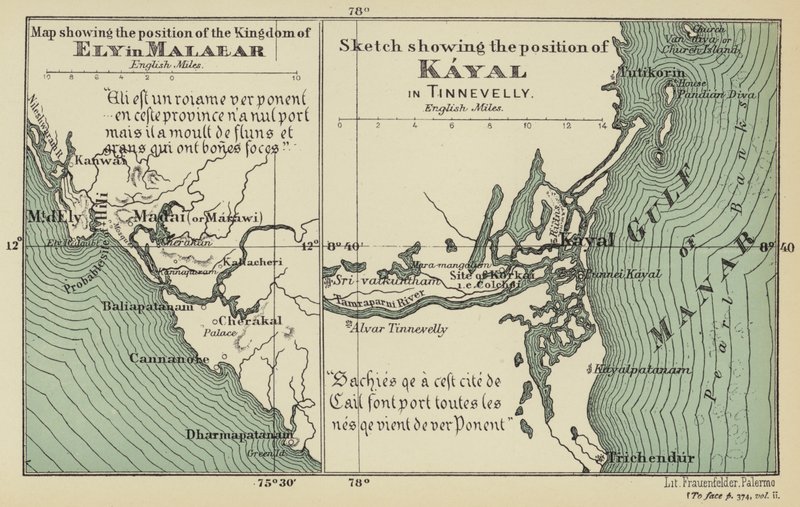 Kaart die de positie van het Koninkrijk Ely in Malabar toont, schets die de positie van Kayal in Tinnevelly toont (kleur litho) door English School