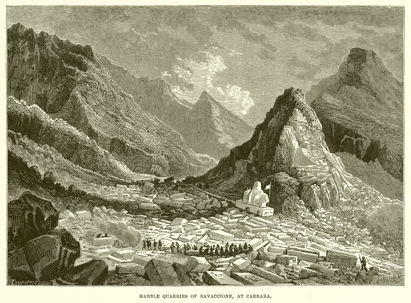 Marmergroeven van Ravaccione, bij Carrara (gravure) door English School