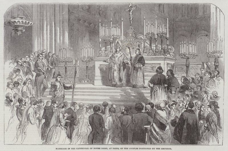 Huwelijk in de kathedraal van Notre Dame, Parijs, van de door de keizer gedoteerde paren door English School