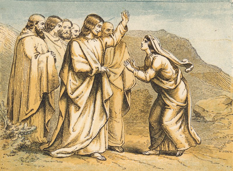 Martha ontmoet Jezus na de dood van Lazarus (gekleurde gravure) door English School