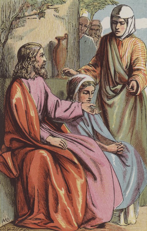 Martha vraagt onze Heer om Maria te laten helpen (gekleurde gravure) door English School