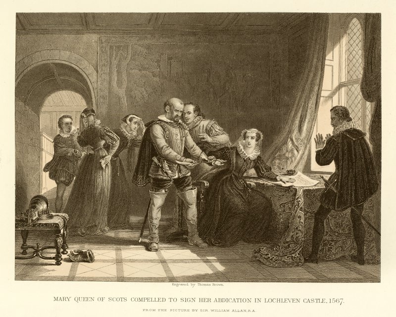 Mary Queen of Scots gedwongen haar troonsafstand te ondertekenen in Lochleven Castle door English School