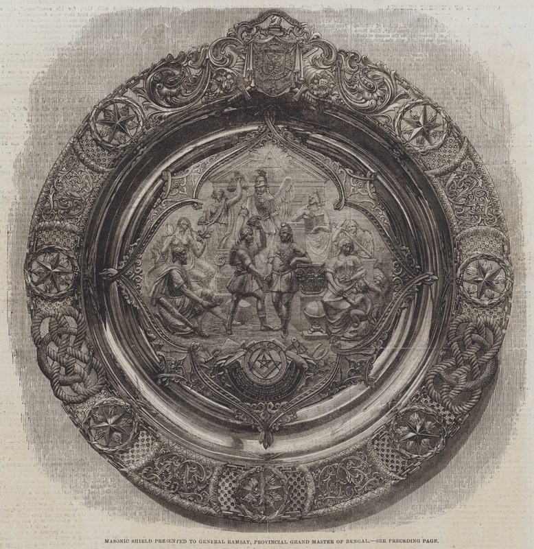 Vrijmetselaarschild aangeboden aan Generaal Ramsay, Provinciaal Grootmeester van Bengalen (gravure) door English School