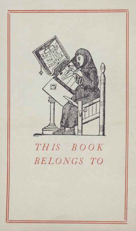 Middeleeuwse schrijver die aan een manuscript werkt, boekbezitlabel (kleur litho) door English School