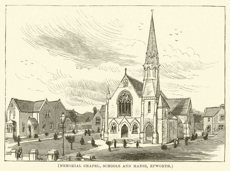 Gedachteniskapel, scholen en pastorie, Epworth (gravure) door English School