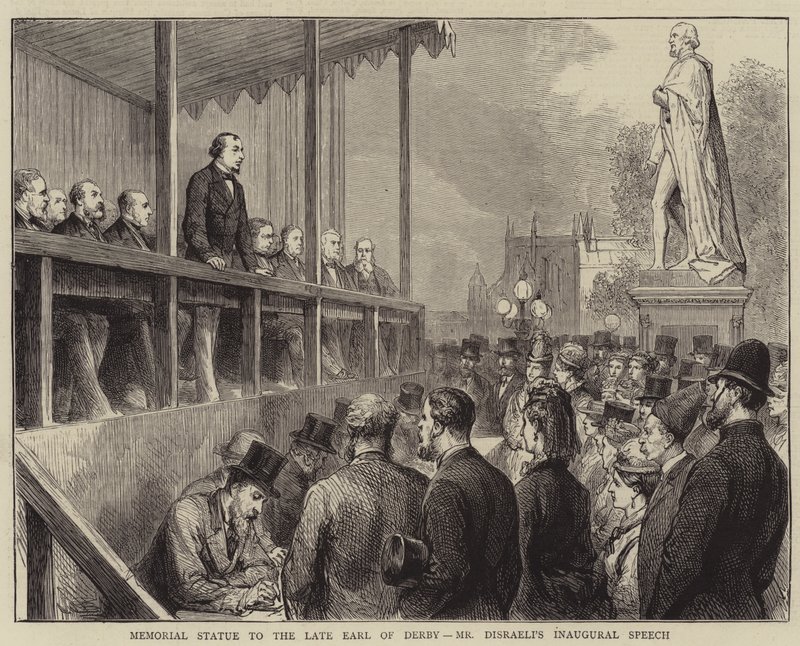 Herdenkingsbeeld voor de overleden Graaf van Derby, inaugurele toespraak van Mr. Disraeli door English School