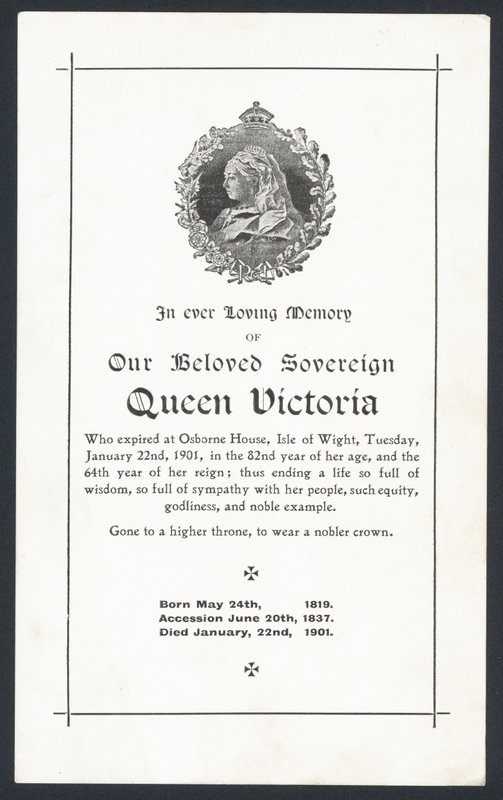 Herdenkingskaart voor Koningin Victoria door English School