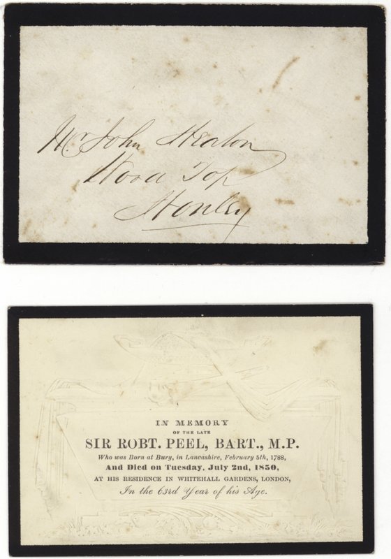 Herdenkingskaart ter nagedachtenis aan wijlen Sir Robert Peel door English School