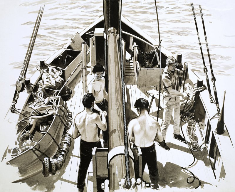 Mannen aan boord van een zeilschip door English School